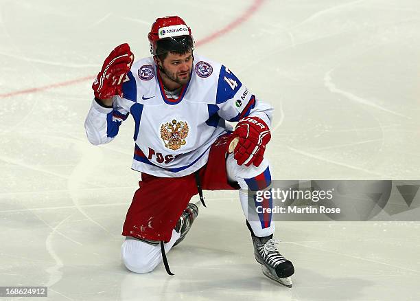 Alexander Radulov of Russia reacts during the IIHF World Championship group H match between Slovakia and Russia at Hartwall Areena on May 12, 2013 in...