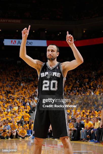 Manu Ginobili of the San Antonio Spurs celebrates after scoring against the Golden State Warriors in Game Four of the Western Conference Semifinals...