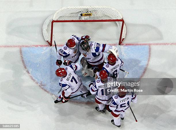 Ilya Bryzgalov , goaltender of Russia celebrate with his team mates after the IIHF World Championship group H match between Slovakia and Russia at...