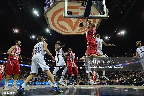 Pero Antic of Olympiacos Piraeus scores a basket during the Turkish Airlines EuroLeague Final Four final between Olympiacos Piraeus and Real Madrid...