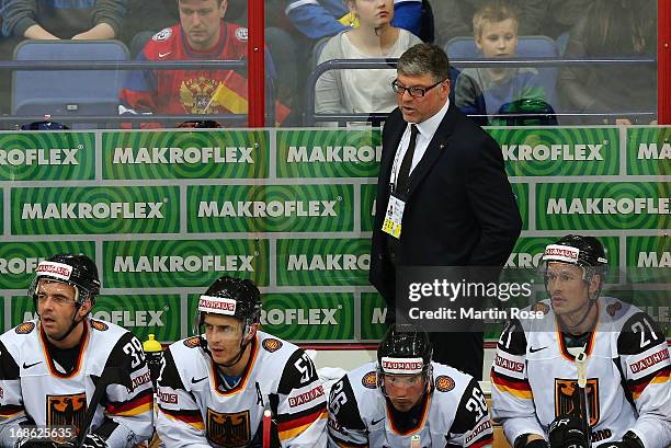 Pat Cortina, head coach of Germany looks on during the IIHF World Championship group H match between USA and Germany at Hartwall Areena on May 12,...