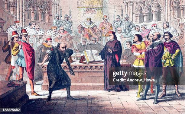 shakespeare - merchant of venice - cort theatre stock illustrations