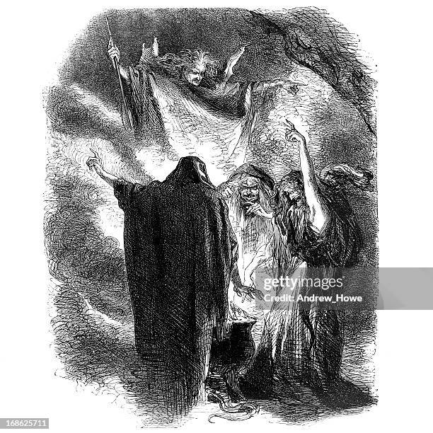 shakespeare - three witches from macbeth - witch costume stock illustrations