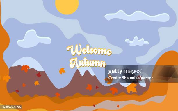 flat autumn landscape background with hello autumn words - tree fallen on road stock illustrations