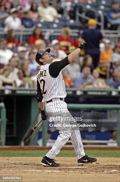 Freddy Sanchez of the Pittsburgh Pirates bats against the Colorado Rockies during a game at PNC Park on July 24, 2005 in Pittsburgh, Pennsylvania....