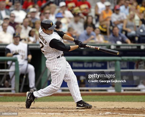 Freddy Sanchez of the Pittsburgh Pirates bats against the Colorado Rockies during a game at PNC Park on July 24, 2005 in Pittsburgh, Pennsylvania....