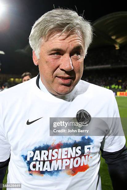 Carlo Ancelotti, coach of PSG celebrates the french Ligue 1 title of PSG after the Ligue 1 match between Olympique Lyonnais, OL, and Paris...