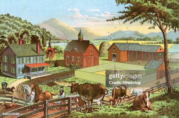 woodland home as occupied by farmer thrifty - farmhouse stock illustrations