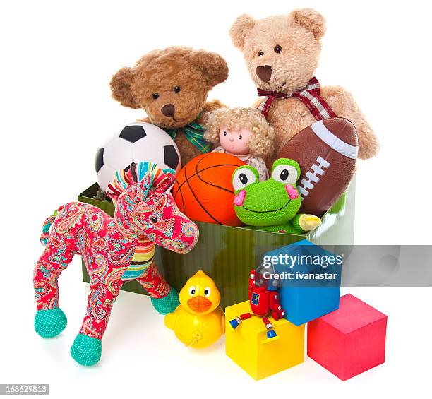 donation box full of toys and stuffed animals - donation box white background stock pictures, royalty-free photos & images