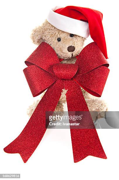 holiday orsacchiotto con fiocco rosso natale - teddy bear on white foto e immagini stock