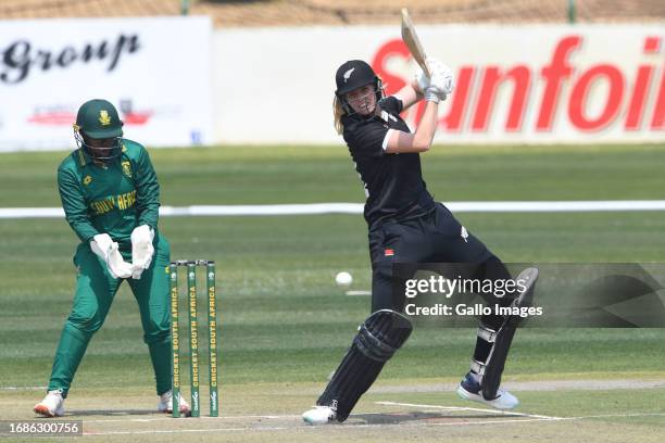 Hannah Rowe of NZ during the ICC Women's Championship, 1st ODI match between South Africa and New Zealand at JB Marks Oval on September 24, 2023 in...