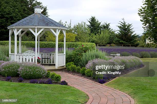 gazebo im garten - pavillon stock-fotos und bilder