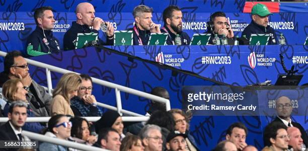 Paris , France - 23 September 2023; Ireland coaching staff, from left to right, performance analyst John Buckley, forwards coach Paul O'Connell,...