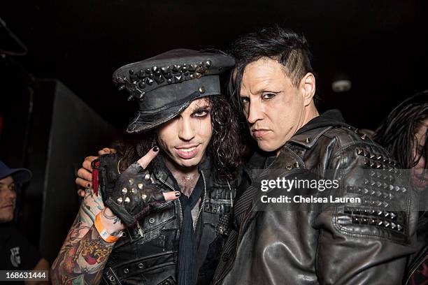 Vocalist Michael "Vampire" Orlando of Vampires Everywhere! and vocalist Jay Gordon of Orgy pose backstage at the "Wide Awake and Dead" tour at The...