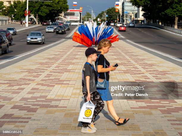 Russian Federation flag decoration along 25 October Street ahead of Republic Day on August 31, 2023 in Tiraspol, Moldova . Tiraspol is the capital of...