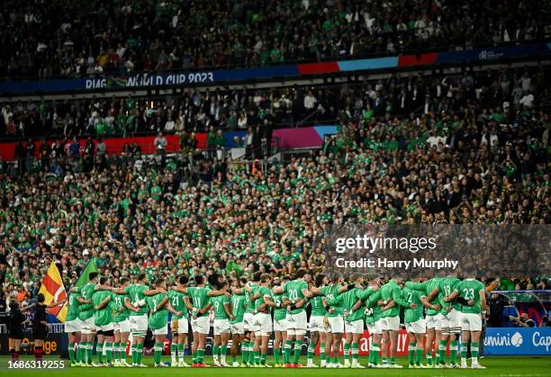 Paris , France - 23 September 2023; Ireland players line up for the national anthem before the 2023 Rugby World Cup Pool B match between South Africa...