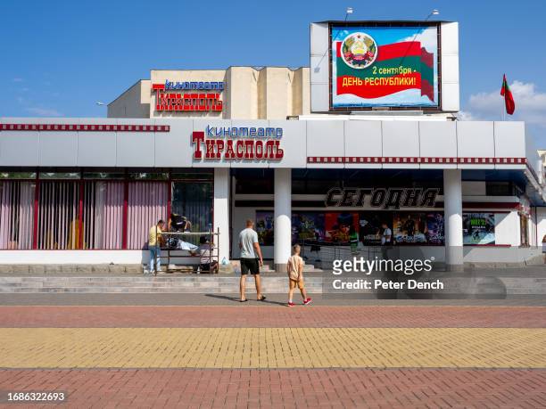 Father and son head towards the cinema on September 1, 2023 in Tiraspol, Moldova . Tiraspol is the capital of Transnistria situated on the eastern...