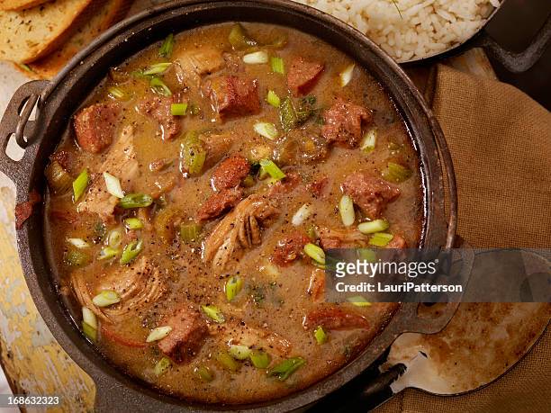 chicken and sausage gumbo - chicken stew stock pictures, royalty-free photos & images