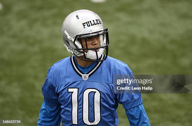 Corey Fuller of the Detroit Lions goes through the morning drills during the second day of Rookie Camp on May 11, 2013 in Allen Park, Michigan.