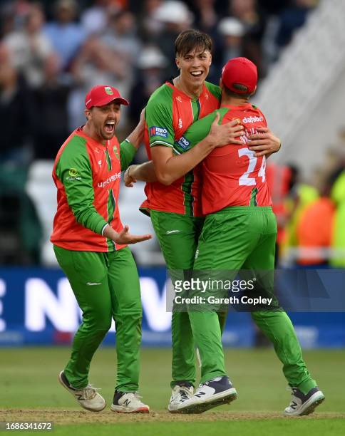 Lewis Hill, Josh Hull and of Leicestershire celebrates after winning the Metro Bank One Day Cup Final between Leicestershire Foxes and Hampshire at...