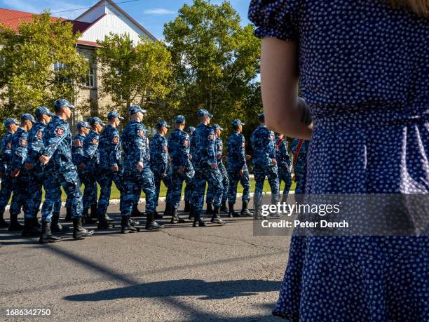 Cadets march along 25 October Street on Republic Day on September 2, 2023 in Tiraspol, Moldova . Tiraspol is the capital of Transnistria situated on...