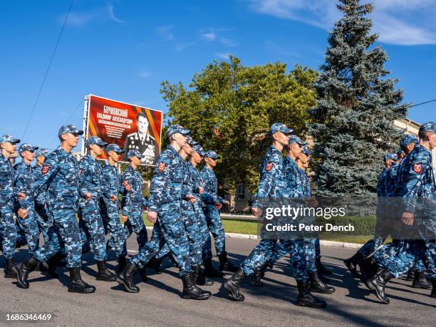 Cadets march along 25 October Street on Republic Day on September 2, 2023 in Tiraspol, Moldova . Tiraspol is the capital of Transnistria situated on...
