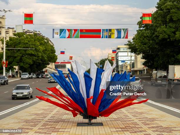 Decoration in the colours of the Russian flag ahead of Republic Day on 25 October Street on September 1, 2023 in Tiraspol, Moldova . Tiraspol is the...