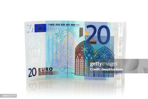 standing twenty euro euro banknote with reflection - twenty euro banknote stock pictures, royalty-free photos & images