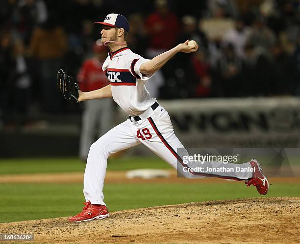 Starting pitcher Chris Sale of the Chicago White Sox pitches in the 9th inning on his way to a one-hit shutout of the Los Angeles Angels of Anaheim...