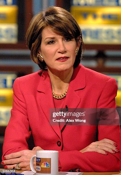 White House Counselor Mary Matalin discusses her new job for the Bush administration on NBC's 'Meet the Press' during a taping at the NBC studio...