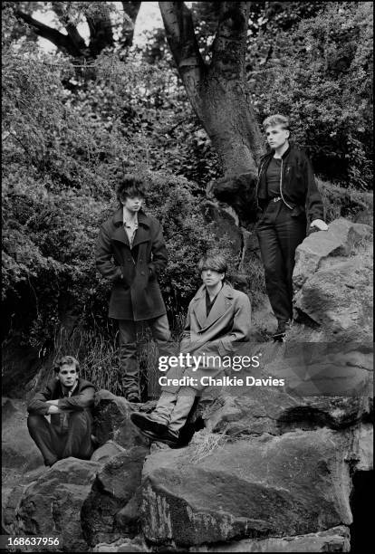 English post-punk group Echo And The Bunnymen photographed in Liverpool, 1981. Left to right: drummer Pete de Freitas, singer Ian McCulloch,...