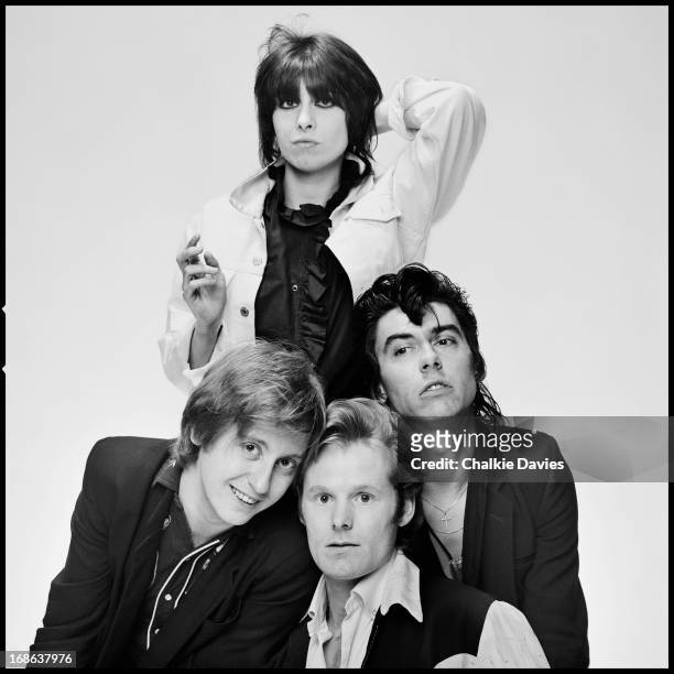 English-American rock group The Pretenders, photographed in London, 1980. Clockwise from top: singer and guitarist Chrissie Hynde, bassist Pete...