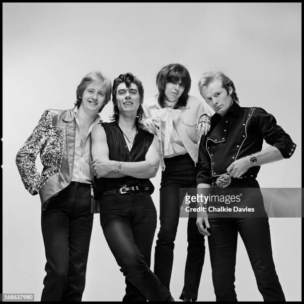 English-American rock group The Pretenders photographed in London, 1980. Left to right: guitarist James Honeyman-Scott , bassist Pete Farndon (1952 -...