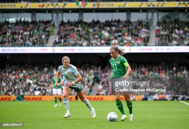 Dublin , Ireland - 23 September 2023; Katie McCabe of Republic of Ireland in action against Caragh Hamilton of Northern Ireland during the UEFA...