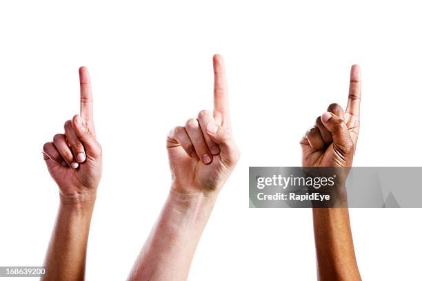 three mixed female hands point upwards confidently - three people white background stock pictures, royalty-free photos & images