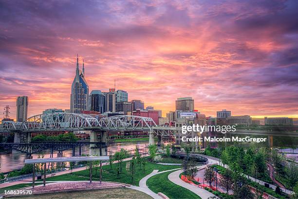 nashville skyline at sunset - nashville photos et images de collection