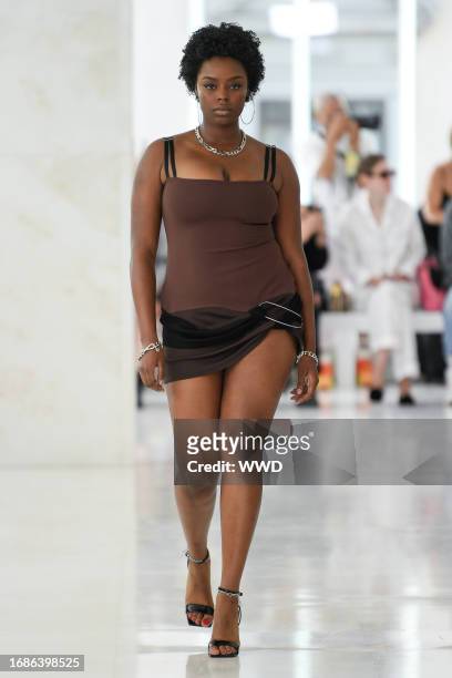 Model on the runway at the Karoline Vitto Spring 2024 Ready To Wear Fashion Show supported by Dolce & Gabbana on September 24, 2023 in Milan, Italy.