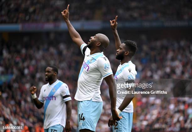 Jean-Philippe Mateta and Odsonne Edouard of Crystal Palace celebrates the first goal during the Premier League match between Aston Villa and Crystal...