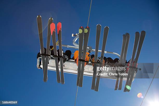 ski lift seen from below - ski closeup imagens e fotografias de stock