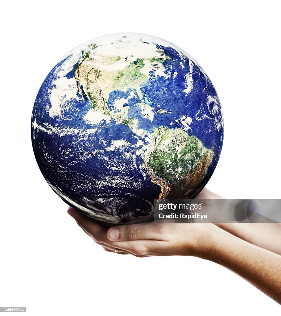 Hands of eco warrior cradle Planet Earth gently: someone cares!