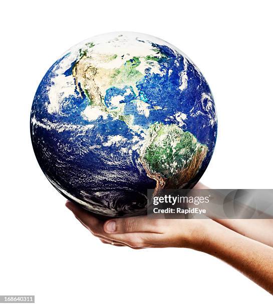 hands of eco warrior cradle planet earth gently: someone cares! - planet earth on white stock pictures, royalty-free photos & images