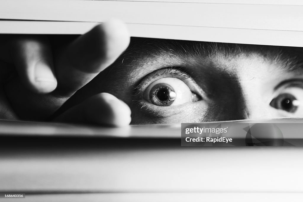 Wide-eyed terrified man peeping though venetian blinds