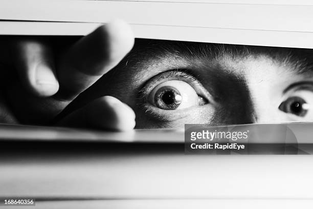 wide-eyed terrified man peeping though venetian blinds - paranoia 個照片及圖片檔