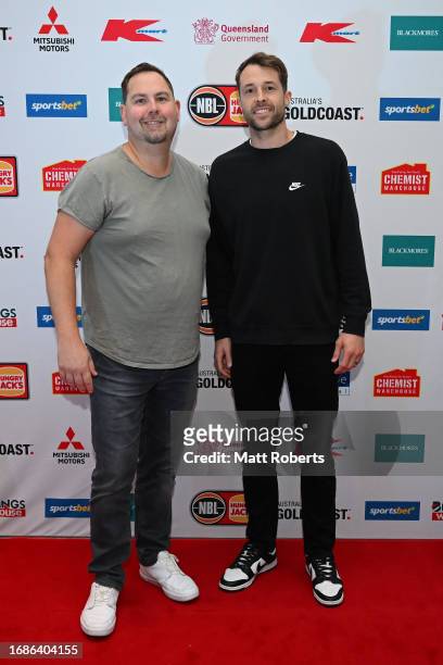 Justin Schueller and Nathan Sobey of the Bullets attend during the 2023-24 NBL Season Launch Party at Nineteen at The Star on September 17, 2023 in...