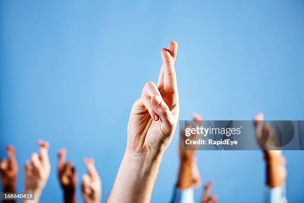 hombre mano con los dedos cruzados superstitiously más en fondo azul - wish fotografías e imágenes de stock