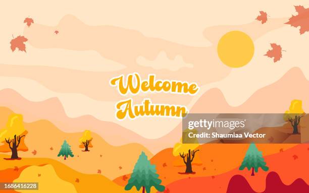 flat autumn landscape background with hello autumn words - september stock illustrations