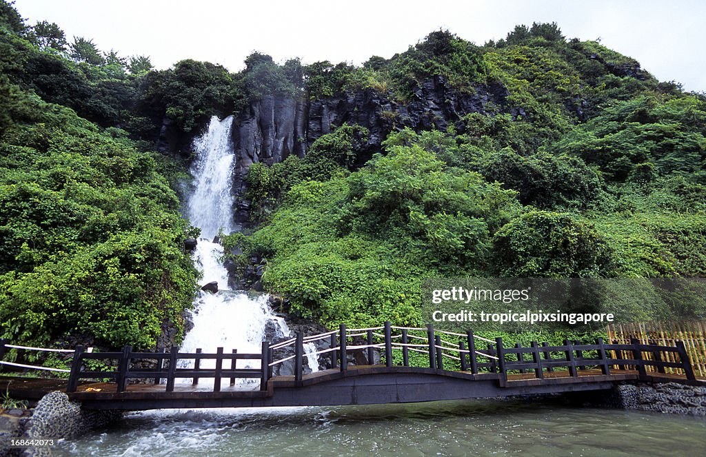 South Korea, Jeju Island, Jungmon Beach, waterfall.