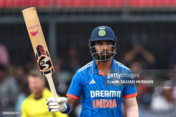 India's captain KL Rahul celebrates after scoring a half-century during the second one-day international cricket match between India and Australia at...