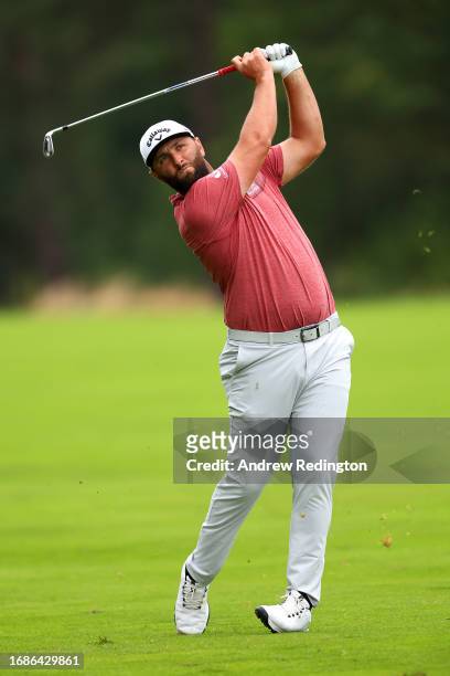 Jon Rahm of Spain plays his second shot on the 9th hole during Day Four of the BMW PGA Championship at Wentworth Golf Club on September 17, 2023 in...