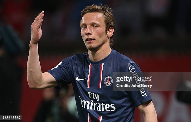 Clement Chantome of PSG in action during the Ligue 1 match between Paris Saint-Germain FC and Valenciennes FC at the Parc des Princes stadium on May...